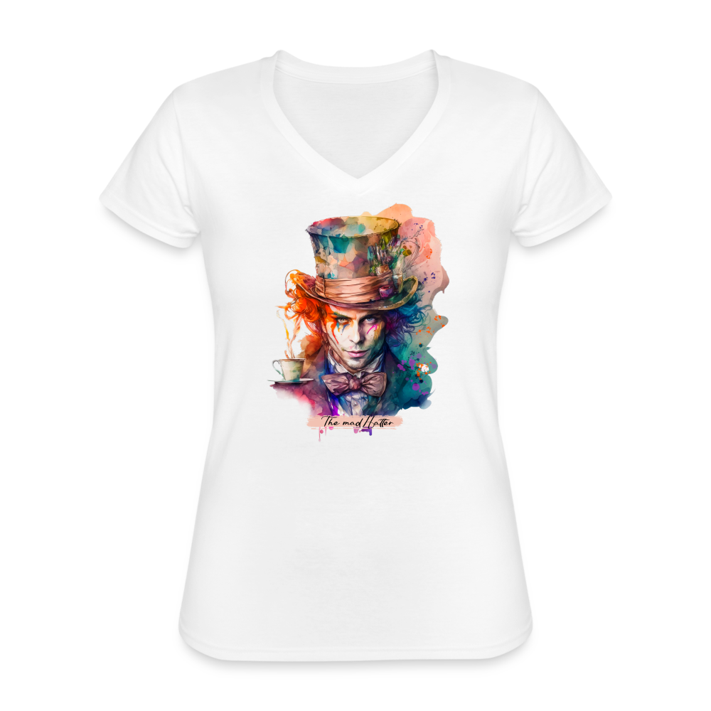 T-shirt Femme col V - Le chapelier fou - blanc