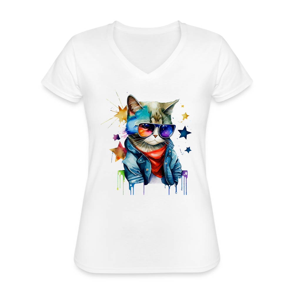 T-shirt Femme col V - Cat and Roll - blanc