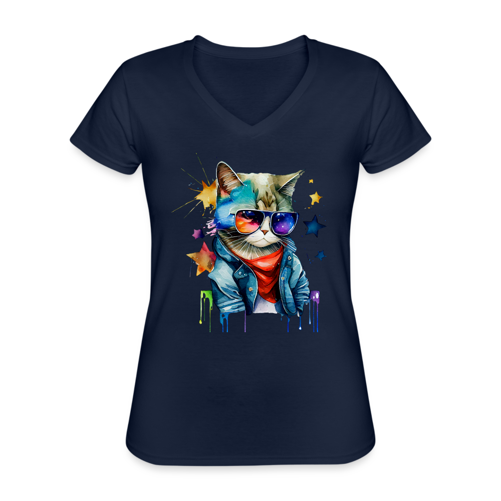 T-shirt Femme col V - Cat and Roll - marine