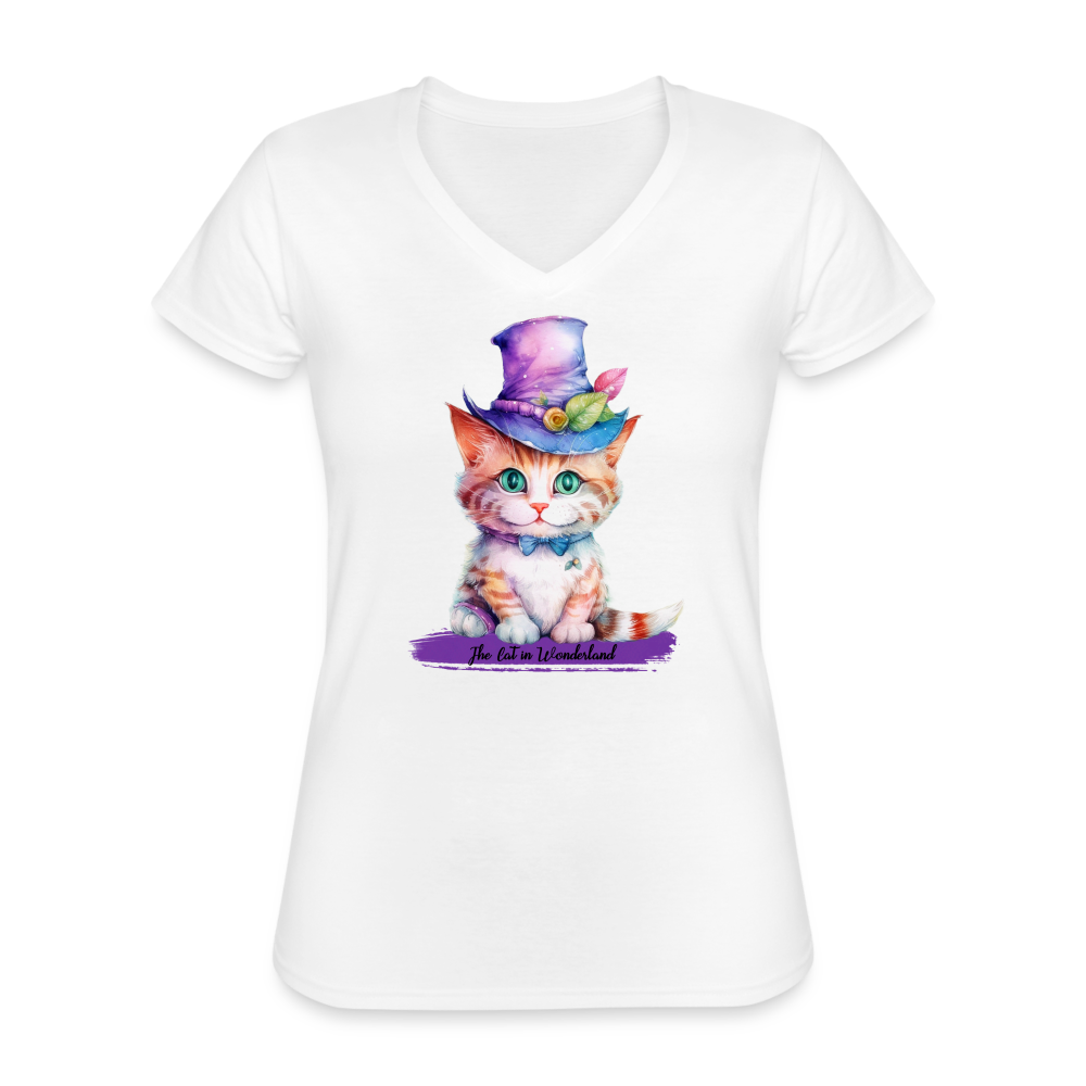 T-shirt Femme col V - The Cat in Wonderland - blanc