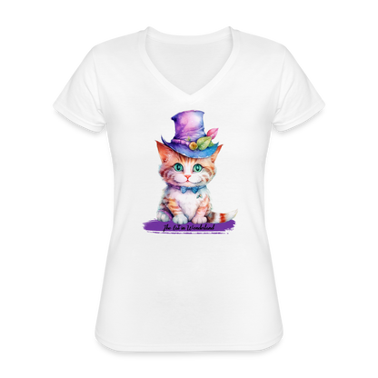 T-shirt Femme col V - The Cat in Wonderland - blanc