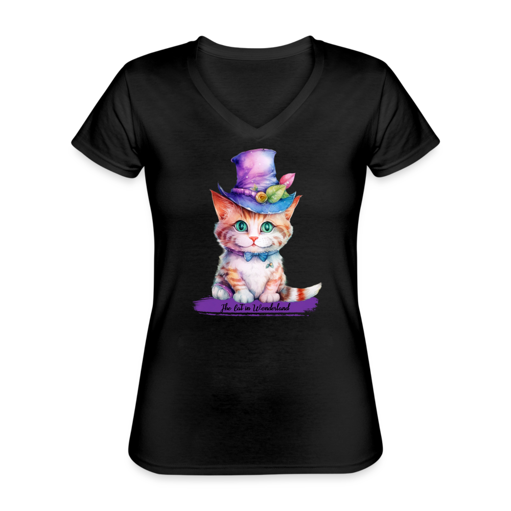 T-shirt Femme col V - The Cat in Wonderland - noir