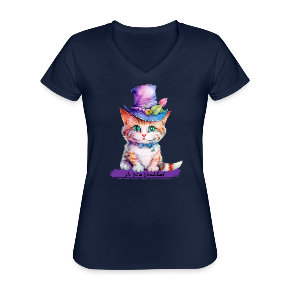 T-shirt Femme col V - The Cat in Wonderland - marine